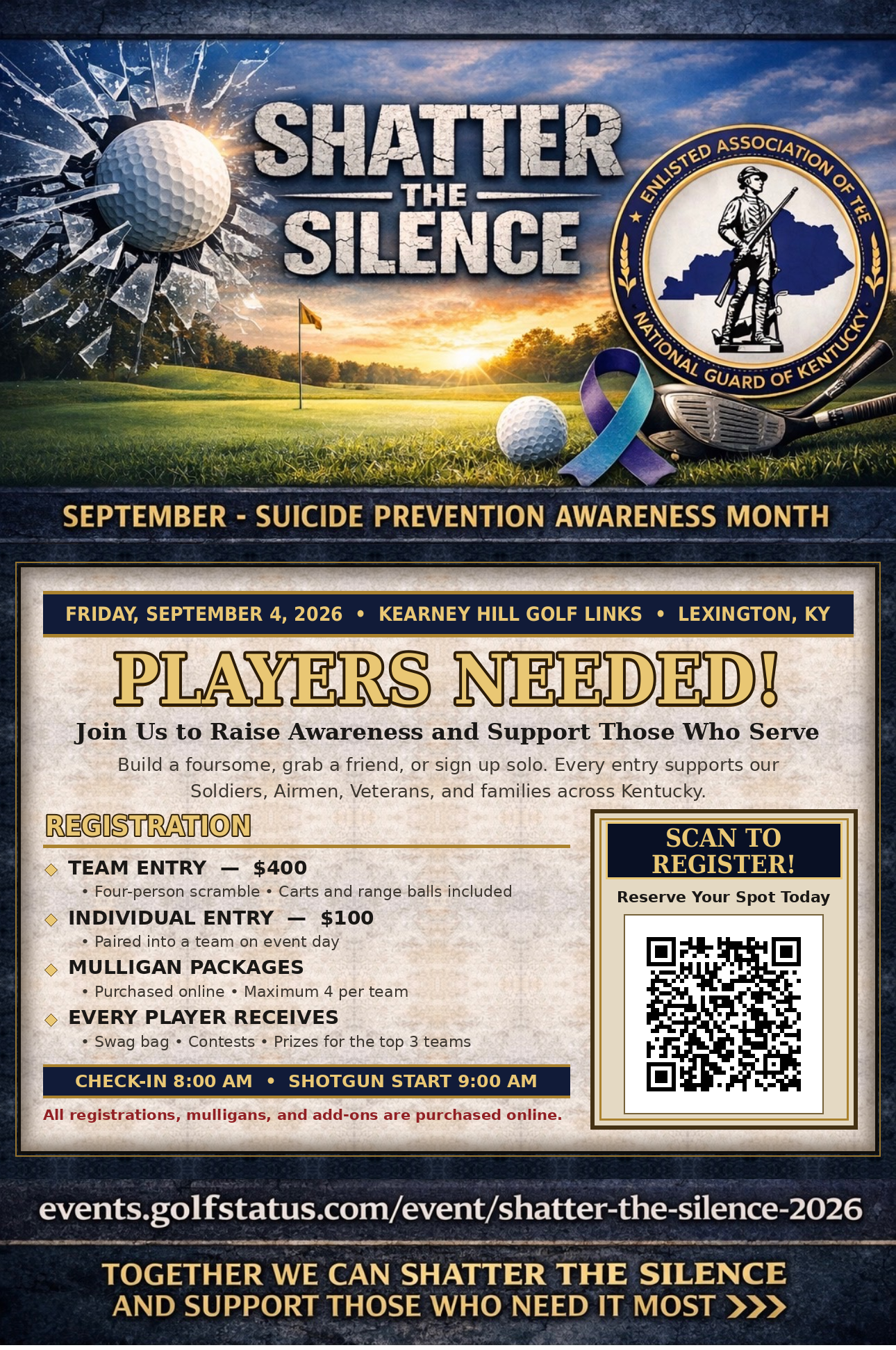 Shatter the Silence Golf Scramble registration flyer. Friday September 4, 2026 at Kearney Hill Golf Links, Lexington, Kentucky. Team entry $400, individual entry $100.