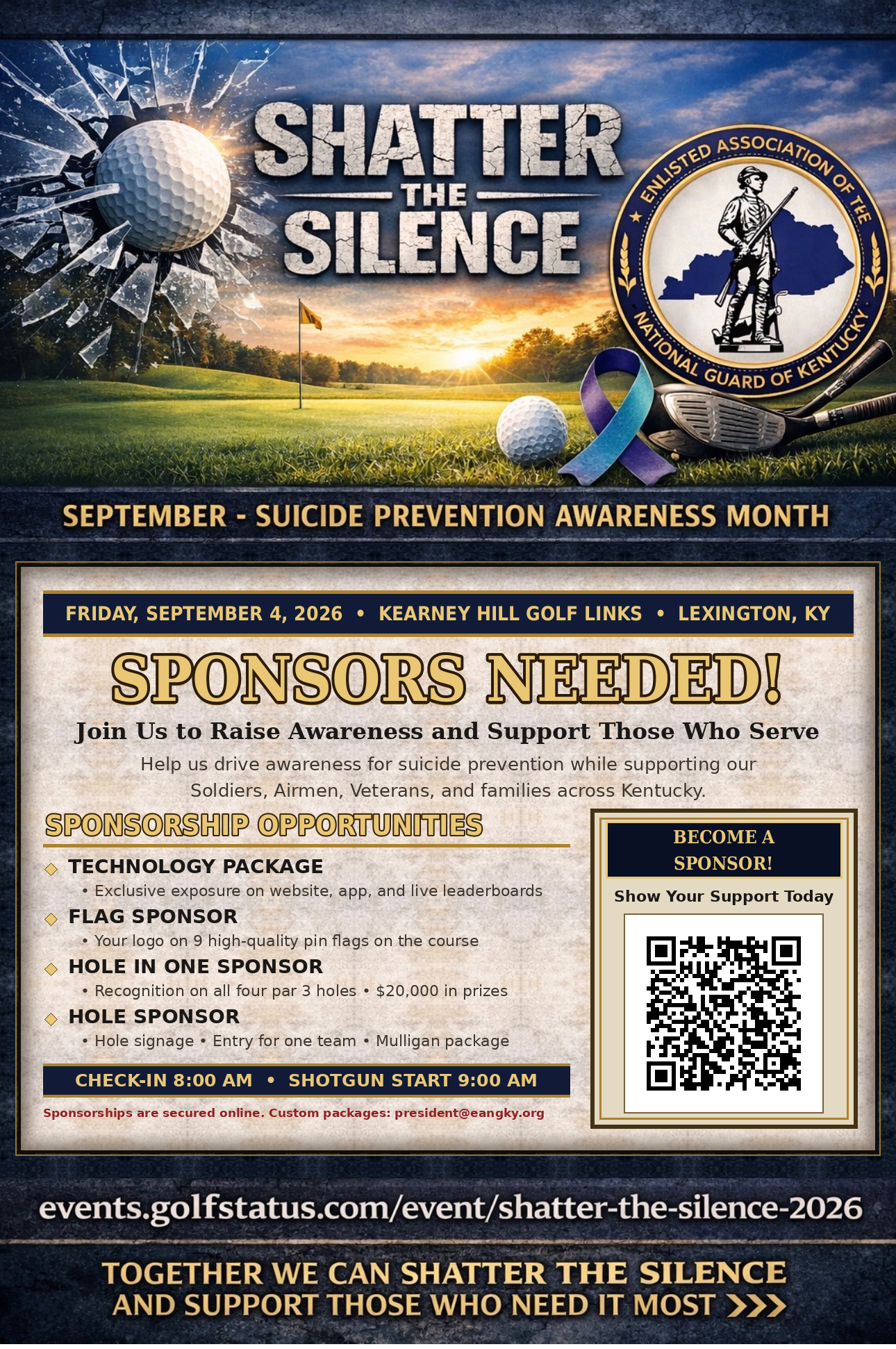 Shatter the Silence Golf Scramble sponsorship flyer listing technology, flag, hole in one, and hole sponsor packages.