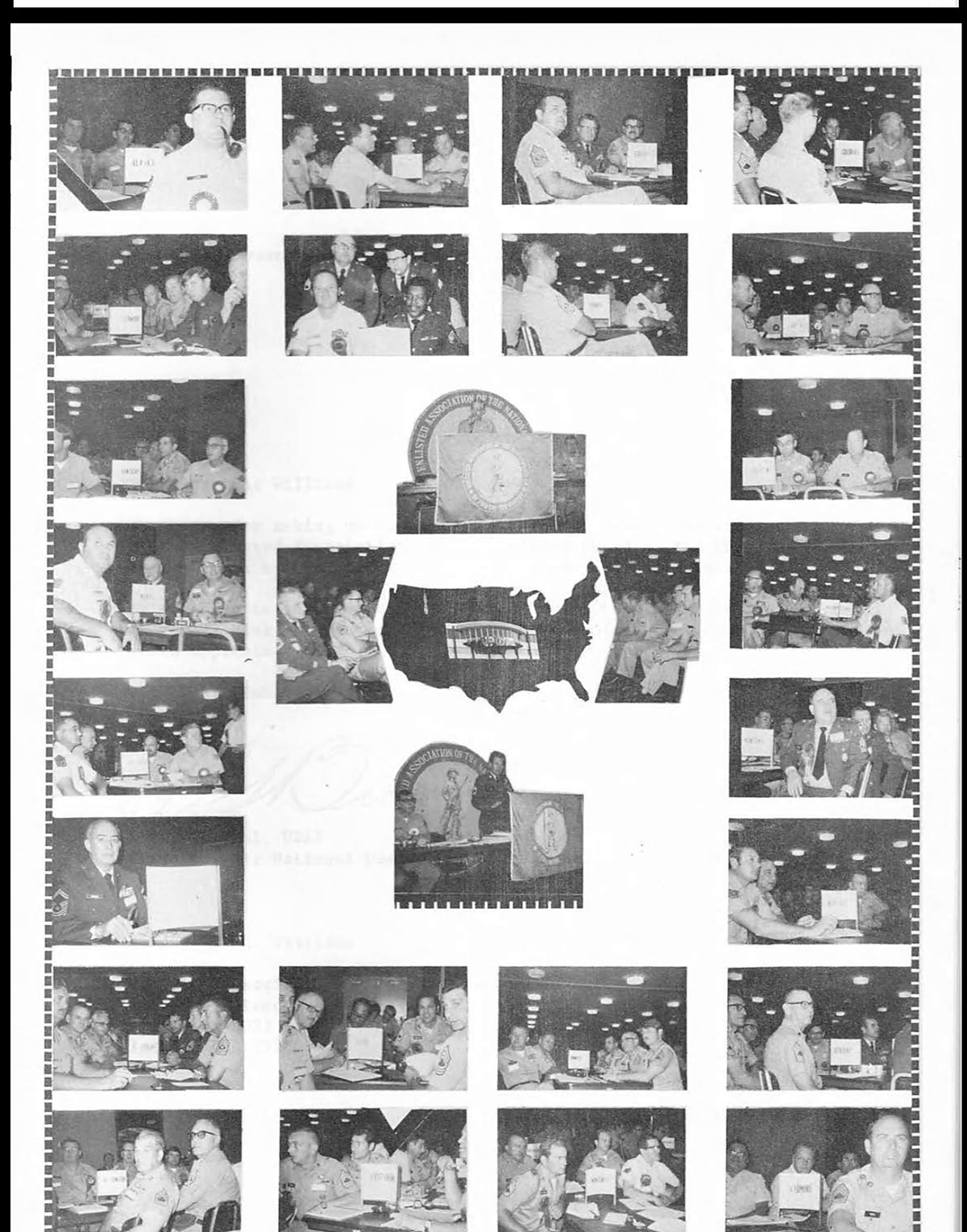 Photographs of delegates seated at tables during the first EANGUS conference in 1972, arranged as a collage around the association seal and a map of the United States.