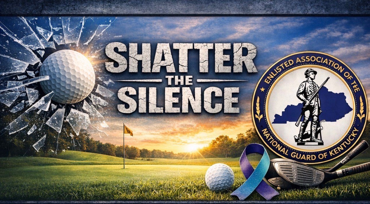 Shatter the Silence Golf Scramble artwork, a golf ball shattering glass beside the EANGKY seal and a teal and purple suicide prevention ribbon